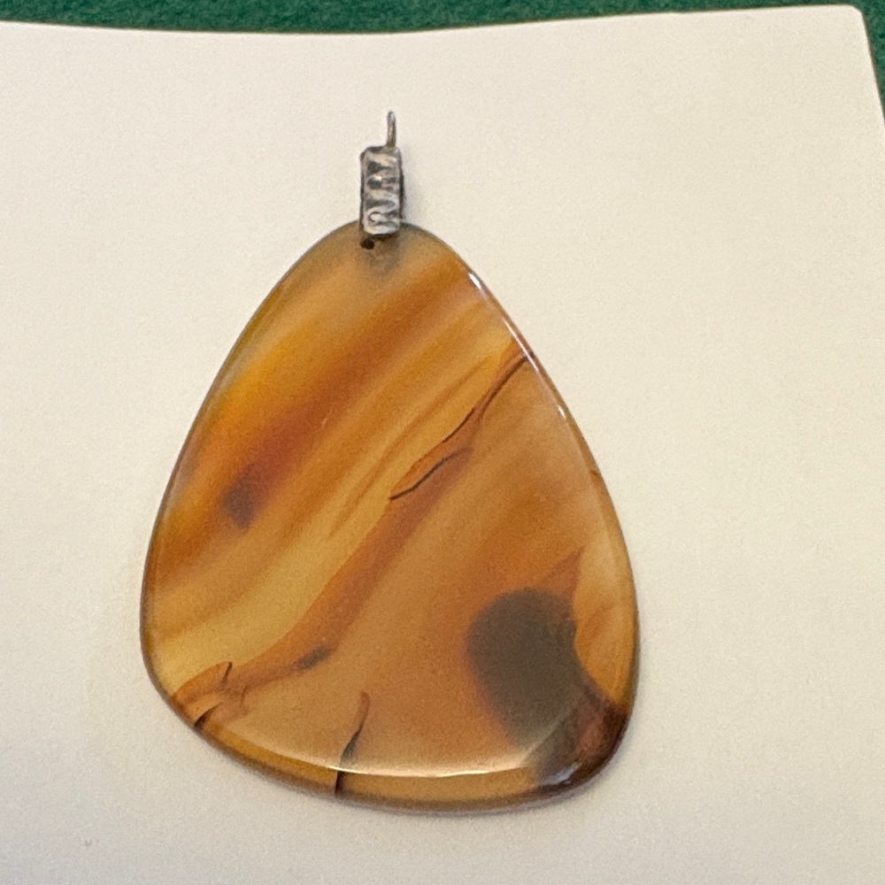 Vintage Triangular Carnelian Agate Pendant With Silver Plated Bail Bonus: Ribbon